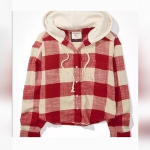 American Eagle Red & Cream Cotton Hooded Plaid Flannel Shirt Shacket Size Small